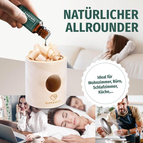 Alpenherz Zylinder Set mit Zirbenöl 10 ml naturrein aus Österreich Zirbenholz Würfel Duftspender Zirben Duft Holz Deko Zirbe Diffusor Diffuser Geschenke Zirbenlüfter Zirbenset