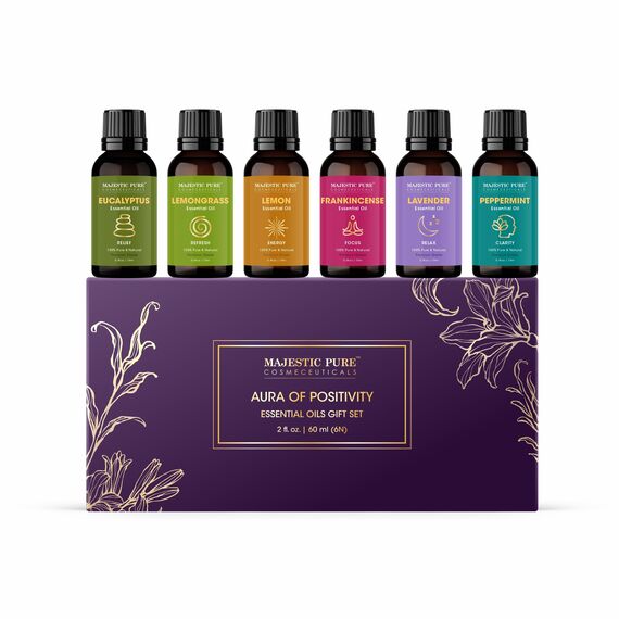 Majestic Pure 100% reines ätherisches Öl-Set – 6 x 10 ml (Pfefferminze, Lavendel, Eukalyptus, Teebaum, Zitronengras) für Diffusoren, Aromatherapie, Kerzen, Luftbefeuchter