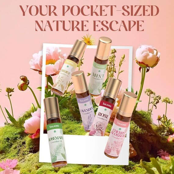 SALKING Aufrollen Ätherische Öle Set, Aromatherapie Blume Roll On Duftöl GeschenkSet, Duftöle für Diffuser Luftbefeuchter,6x10 ml Rose, Lavendel, Kirschblüte, Jasmin, Minze, Rosmarin