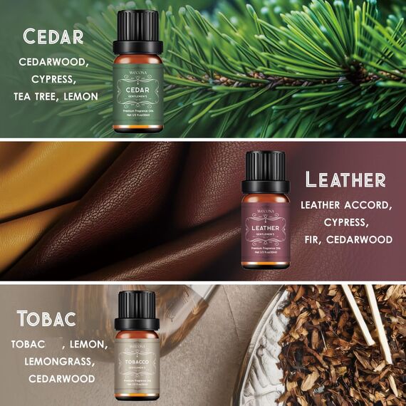 Wecona Männer Ätherische Öle Set – 6x10ml ätherische Öle naturrein für Diffuser & Kerzenherstellung, Maskuline ätherische Öle für Diffuser mit Leder, Sandelholz, Kaffee, Zedernholz, Zimt & Amber