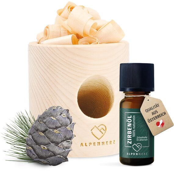 Alpenherz Zylinder Set mit Zirbenöl 10 ml naturrein aus Österreich Zirbenholz Würfel Duftspender Zirben Duft Holz Deko Zirbe Diffusor Diffuser Geschenke Zirbenlüfter Zirbenset