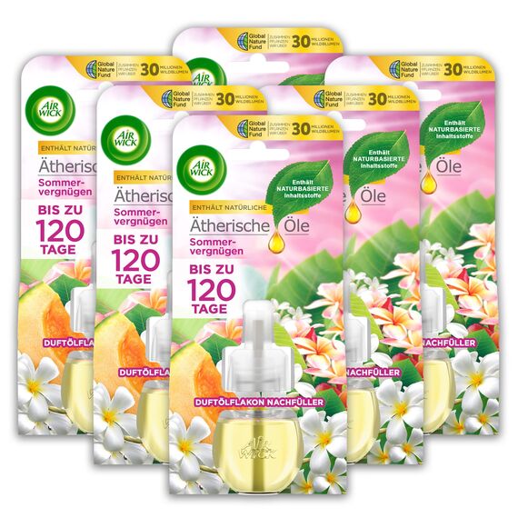 Air Wick Duftölflakon Nachfüller Sommervergnügen – Blumig-frischer Raumduft – 6er Duftöl Set – Plastikfreie Verpackung