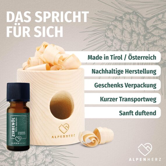 Alpenherz Zylinder Set mit Zirbenöl 10 ml naturrein aus Österreich Zirbenholz Würfel Duftspender Zirben Duft Holz Deko Zirbe Diffusor Diffuser Geschenke Zirbenlüfter Zirbenset