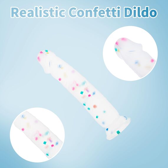 18cm Confetti Silikon Dildo mit Realistische Design, Flacher Saugfuß für Bequemes Spielen ohne Hände, Anal-Dildo für Vagina, G-Spot und Prostata