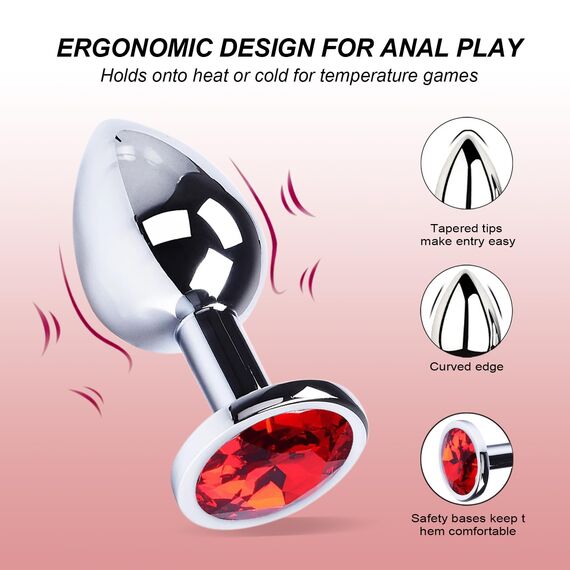 3 Stücke Metall Analplug Set, Silber Metall Analplug mit Kristall Diamant, Sex Spielzeug für Die Frau Männer, Klein Medium Groß Buttplug Anal Butt Plug Set, Rote