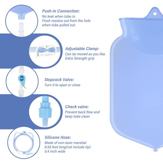 TopQuaFocus 4L großes Klistierbeutel-Set, eindeutig ungiftiger Silikonbeutel, Kaffee-Klistierbeutel, Dickdarmreiniger, 6,5 Fuß langer Schlauch, frei von BPA und Phthalaten