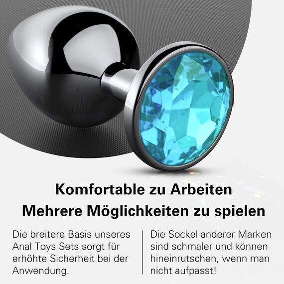 Analplug Set 4 Stücke – Metall Buttplug in Extra Klein, Klein, Mittel & Groß mit Kristall Diamant, hygienisches Sex Spielzeug für Frauen Männer Paare, geeignet für Anfänger & Fortgeschrittene (Blau)