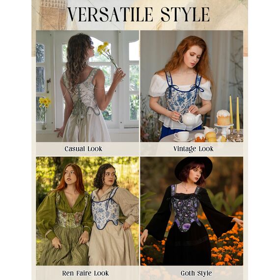 SCARLET DARKNESS Bustier-Top für Damen, Renaissance-Blumenmuster, Schnürung, Bodyshaper, Korsett mit Reißverschluss, Grünes Blumenmuster, 12