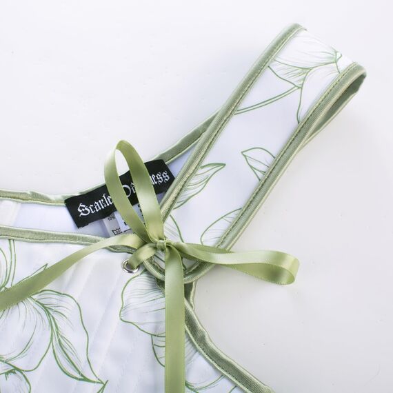 Scarlet Darkness Bustier-Top für Damen, Renaissance-Blumenmuster, Schnürung, Bodyshaper, Korsett mit Reißverschluss, Einfache grüne Blume, 6