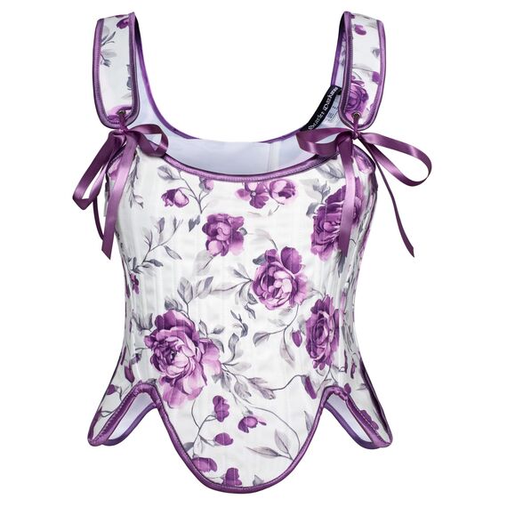 SCARLET DARKNESS Bustier-Top für Damen, Renaissance-Blumenmuster, Schnürung, Bodyshaper, Korsett mit Reißverschluss, Tintenviolette Blüten, 12