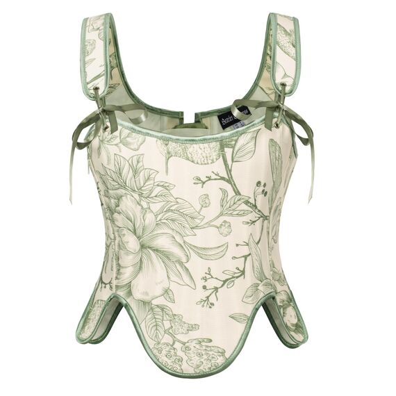 SCARLET DARKNESS Bustier-Top für Damen, Renaissance-Blumenmuster, Schnürung, Bodyshaper, Korsett mit Reißverschluss, Grünes Blumenmuster, 6