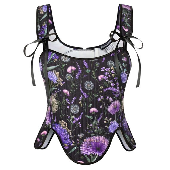 Scarlet Darkness Bustier-Top für Damen, Renaissance-Blumenmuster, Schnürung, Bodyshaper, Korsett mit Reißverschluss, Schwarze Pusteblume, 12