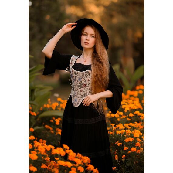 Scarlet Darkness Bustier-Top für Damen, Renaissance-Blumenmuster, Schnürung, Bodyshaper, Korsett mit Reißverschluss, Cremefarbenes Gänseblümchen, 14