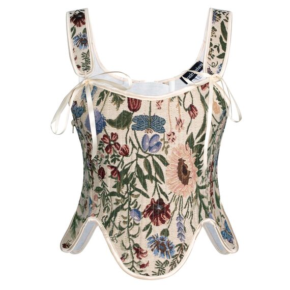 Scarlet Darkness Bustier-Top für Damen, Renaissance-Blumenmuster, Schnürung, Bodyshaper, Korsett mit Reißverschluss, Cremefarbenes Gänseblümchen, 18