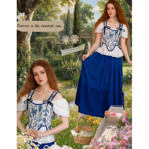 SCARLET DARKNESS Bustier-Top für Damen, Renaissance-Blumenmuster, Schnürung, Bodyshaper, Korsett mit Reißverschluss, Blau floral, 10