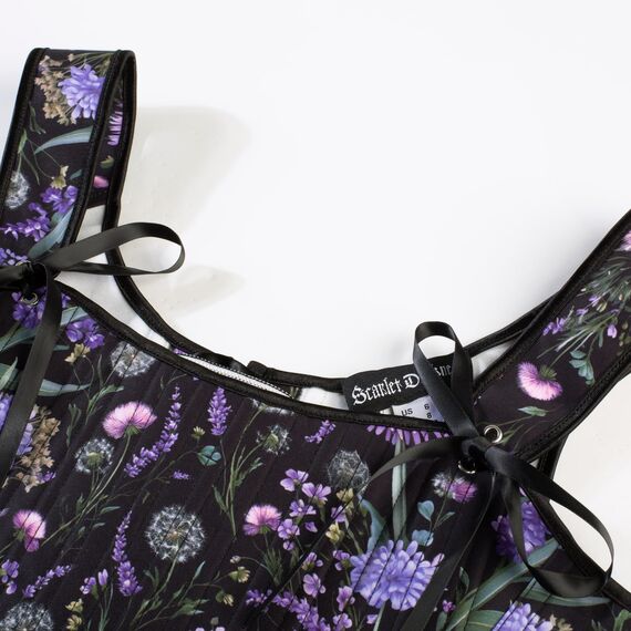 Scarlet Darkness Bustier-Top für Damen, Renaissance-Blumenmuster, Schnürung, Bodyshaper, Korsett mit Reißverschluss, Schwarze Pusteblume, 16