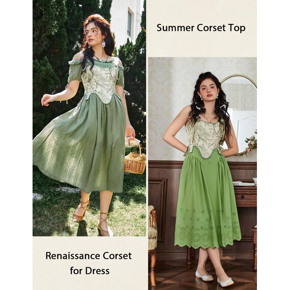 SCARLET DARKNESS Bustier-Top für Damen, Renaissance-Blumenmuster, Schnürung, Bodyshaper, Korsett mit Reißverschluss, Grünes Blumenmuster, 6