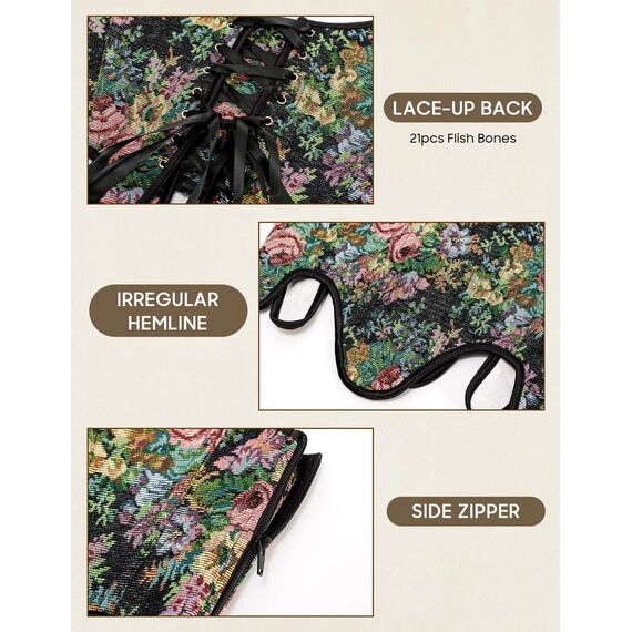 SCARLET DARKNESS Bustier-Top für Damen, Renaissance-Blumenmuster, Schnürung, Bodyshaper, Korsett mit Reißverschluss, Midnight Blossom, 8