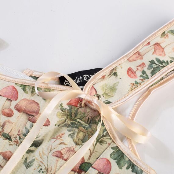 Scarlet Darkness Bustier-Top für Damen, Renaissance-Blumenmuster, Schnürung, Bodyshaper, Korsett mit Reißverschluss, Roter Pilz, 10