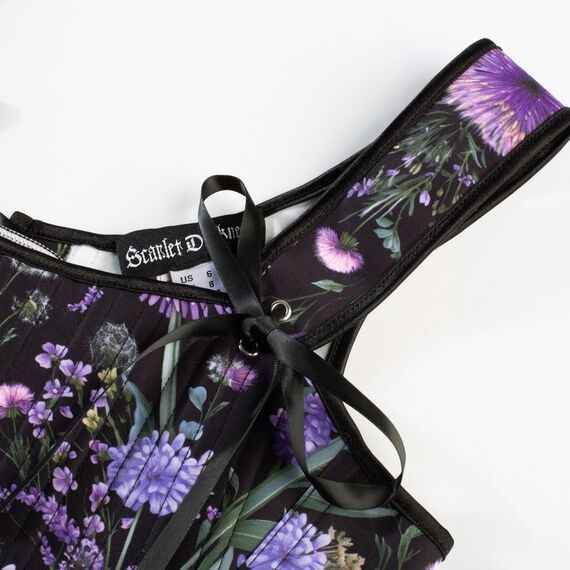Scarlet Darkness Bustier-Top für Damen, Renaissance-Blumenmuster, Schnürung, Bodyshaper, Korsett mit Reißverschluss, Schwarze Pusteblume, 16