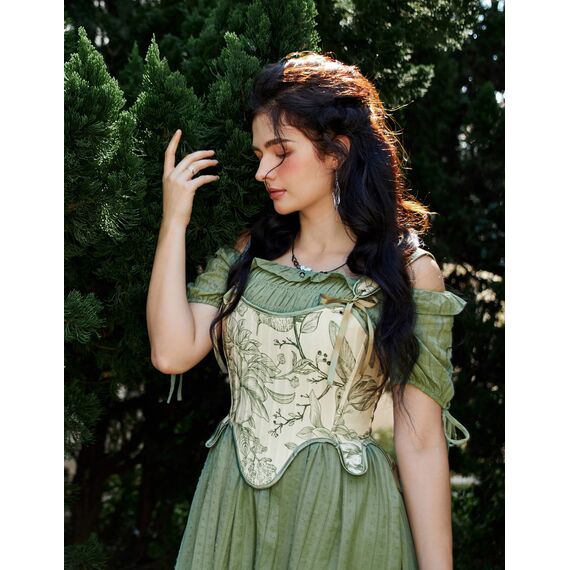 SCARLET DARKNESS Bustier-Top für Damen, Renaissance-Blumenmuster, Schnürung, Bodyshaper, Korsett mit Reißverschluss, Grünes Blumenmuster, 12