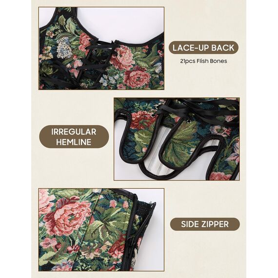 Scarlet Darkness Bustier-Top für Damen, Renaissance-Blumenmuster, Schnürung, Bodyshaper, Korsett mit Reißverschluss, Mitternachtsrosa, 14