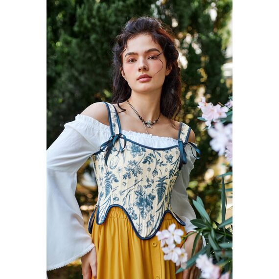 Scarlet Darkness Bustier-Top für Damen, Renaissance-Blumenmuster, Schnürung, Bodyshaper, Korsett mit Reißverschluss, Blau floral, 18