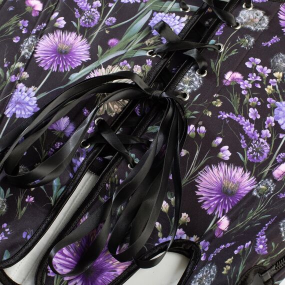 Scarlet Darkness Bustier-Top für Damen, Renaissance-Blumenmuster, Schnürung, Bodyshaper, Korsett mit Reißverschluss, Schwarze Pusteblume, 16