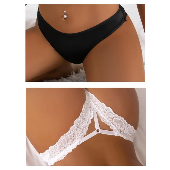 ohyeahlady String Tanga Damen Sexy Dessous 2er Pack Spitze Niedrige Taille Erotisch Slips Große Größen Thong Frauen Bikini Hipster Pantys Unterwäsche Unterhosen schwarz+weiß,S