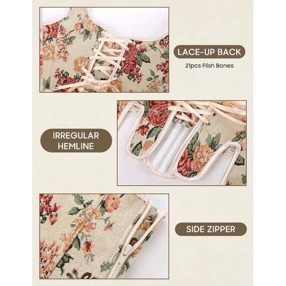 Scarlet Darkness Vintage-Bustier-Top für Damen, Renaissance-Blumenmuster, Schnürung, Fischgräten-Korsett-Top, Orange, Größe 42, Orangenblüte, 14