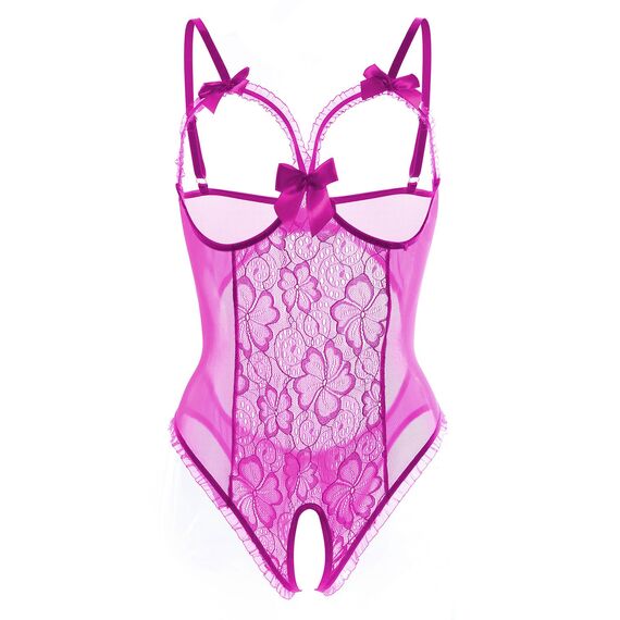 Dessous für Damen, sexy, einteilig, Teddy-Dessous, Body, Spitzen-Nachthemd, Violett, X-Large