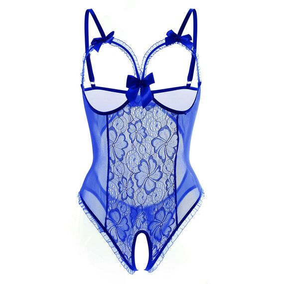 ALLureLove Dessous für Damen, sexy, einteilig, Teddy-Dessous, Body, Spitzen-Nachthemd, Blau, Large