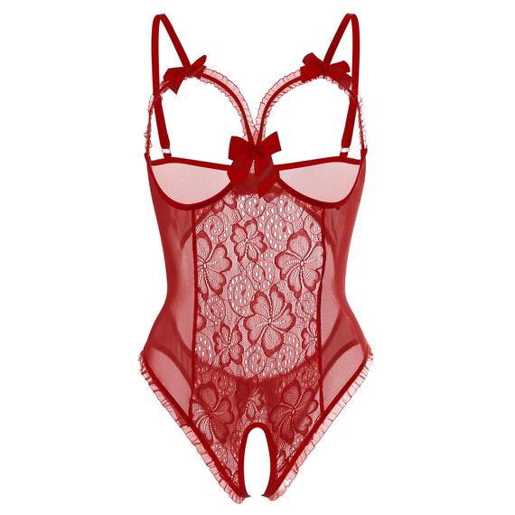 Dessous für Damen, sexy, einteilig, Teddy-Dessous, Body, Spitzen-Nachthemd, Weinrot, L