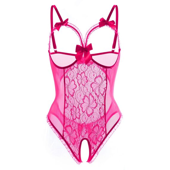 Dessous für Damen, sexy, einteilig, Teddy-Dessous, Body, Spitzen-Nachthemd, Rosenrot, Medium