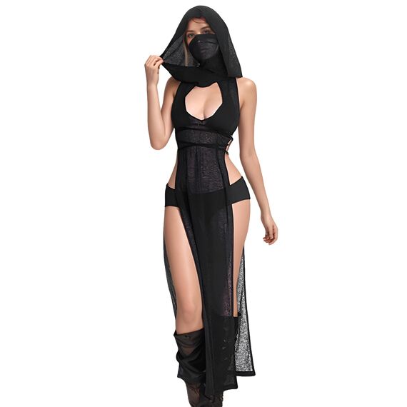 Mingnos Goth Durchsichtiges Kleid Damen Rave Outfit, Schwarzes Cutout Doppelter Hoher Schlitz Kleid für EDM Festival Outfits Club Night Out Kleider Schwarz, S