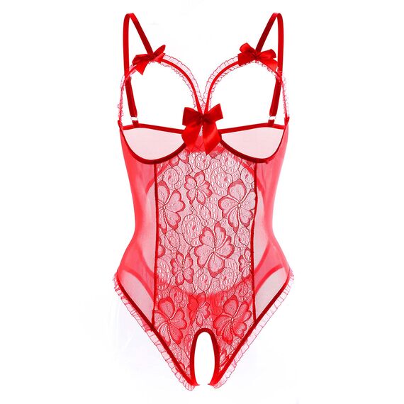 Dessous für Damen, sexy, einteilig, Teddy-Dessous, Body, Spitzen-Nachthemd, Rot/Ausflug, einfarbig (Getaway Solids), Large