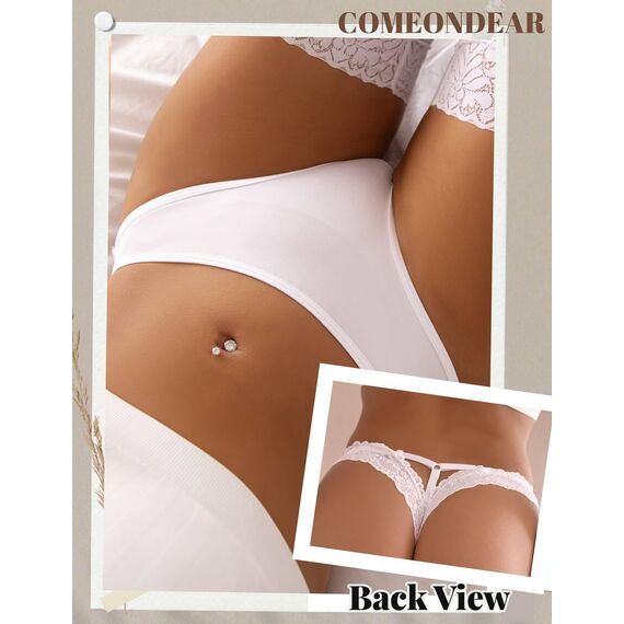 comeondear Sexy String Tangas für Frauen Brazilian Slip Damen Spitze Unterwäsche Große Größen Unterhosen Höschen Dessous Reizwäsche Curvy Übergröße Thong T Back Low Waist Mini Bikini(Weiß,M)