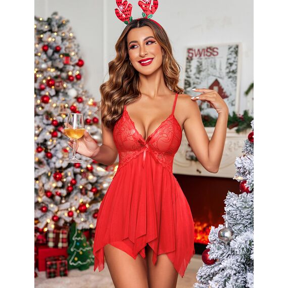 Avidlove Dessous für Damen, Spitze, Babydoll, Nachtwäsche, Boudoir-Outfits, Übergröße, Langeray, XS-5XL, B Rot, XX-Large