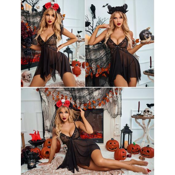 Avidlove Dessous für Damen, Spitze, Babydoll, Nachtwäsche, Boudoir-Outfits, Übergröße, Langeray, XS-5XL, A-Schwarz, XXX-Large