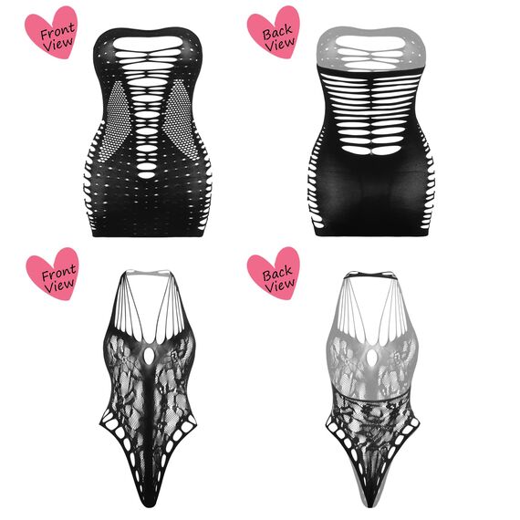 Damen Fischnetz Bodys Dessous Nachtwäsche Spitze Strümpfe Blumen für Romantische Datum Tragen Reizwäsche Schwarz (12Pack)