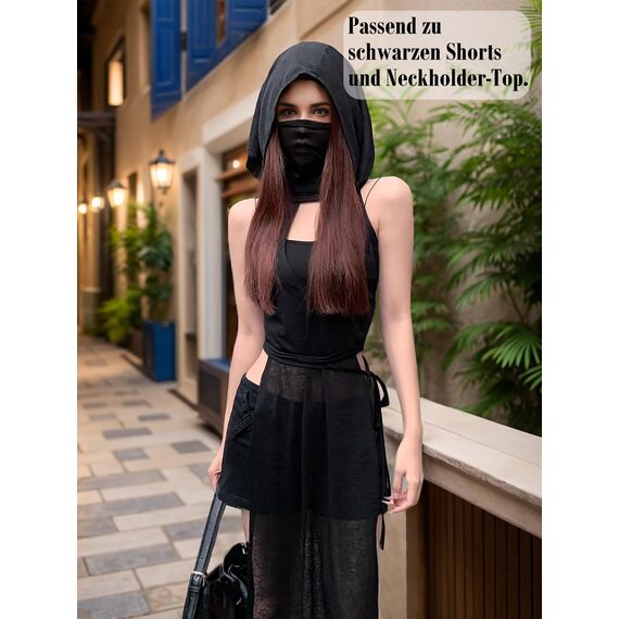 Mingnos Goth Durchsichtiges Kleid Damen Rave Outfit, Schwarzes Cutout Doppelter Hoher Schlitz Kleid für EDM Festival Outfits Club Night Out Kleider Schwarz, L