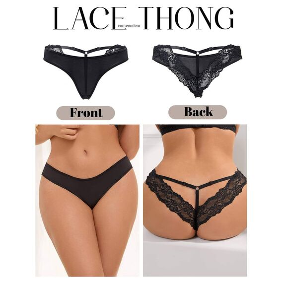 comeondear Sexy String Tangas für Frauen Brazilian Slip Damen Spitze Große Größen Erotische Höschen Dessous Unterwäsche Curvy Übergrößen Unterhosen Thong T Back Low Waist Mini Bikini(Schwarz,S)