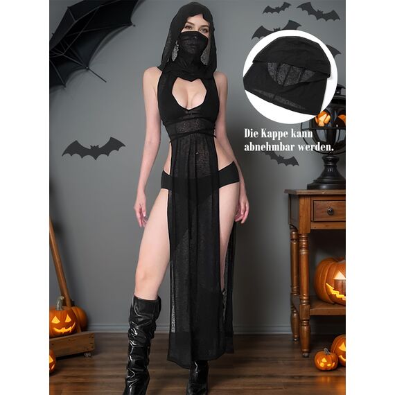 Mingnos Goth Durchsichtiges Kleid Damen Rave Outfit, Schwarzes Cutout Doppelter Hoher Schlitz Kleid für EDM Festival Outfits Club Night Out Kleider Schwarz, M