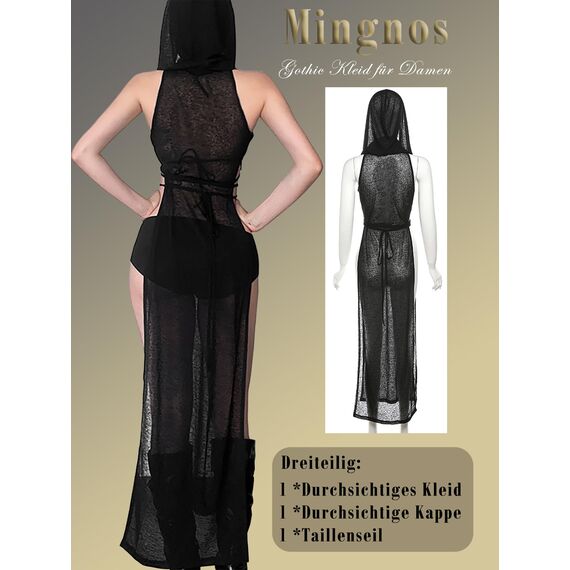 Mingnos Goth Durchsichtiges Kleid Damen Rave Outfit, Schwarzes Cutout Doppelter Hoher Schlitz Kleid für EDM Festival Outfits Club Night Out Kleider Schwarz, M