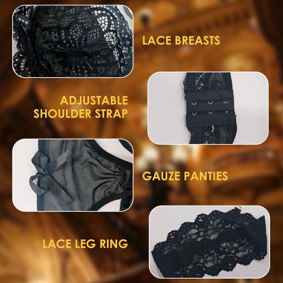 Lsexyier Sexy Dessous Damen Set, Transluzent Erotische Reizwäsche Lingerie mit BH & Höschen, Spitze Bodysuit & Strumpfhalter für Verführerische Looks, Schwarz/L