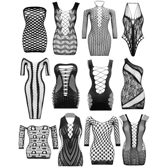 Damen Fischnetz Bodys Dessous Nachtwäsche Spitze Strümpfe Blumen für Romantische Datum Tragen Reizwäsche Schwarz (12Pack)