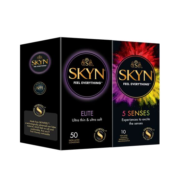 SKYN Elite Kondome (50 Stück) & 5 Senses Kondome (10 Stück) Latexfreie, verendbar mit unser Lube