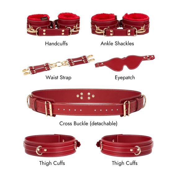 UTIMI Sex Bondage BDSM Kit Fesseln 6PCS Sets mit Verstellbaren Handschellen Fußfessel Oberschenkelmanschetten Augenbinde Kreuzgurt Taillengurt SM Erwachsene Sexspielzeug für Männer Frauen und Paare