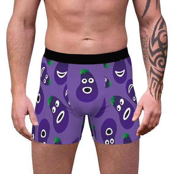 Aueyan, Lustige Herren-Unterwäsche, Boxershorts mit niedlichem Auberginen-Druck, Lila, Kein Eingriff, Mittlere Taille, Atmungsaktiv, Kühlend, Feuchtigkeitsableitend