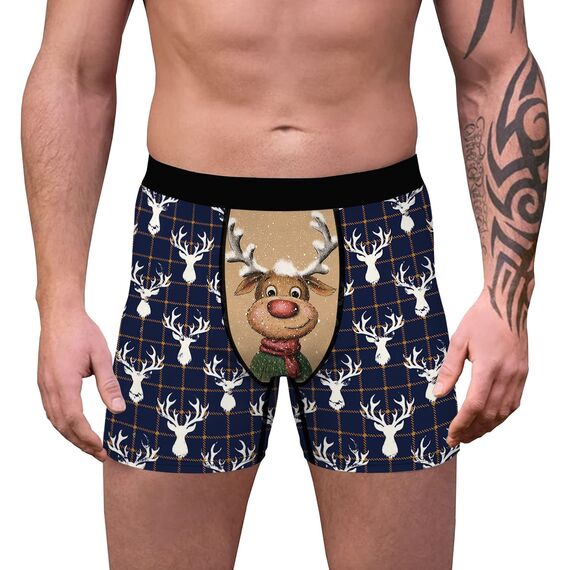 Aueyan Herren-Boxershorts, lustige Unterwäsche, lustige Geschenke für Männer, kein Fliegen, 2er-Pack, Weihnachtsmann und Rentier, Small